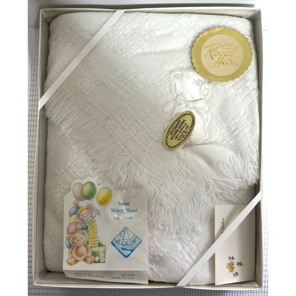 Vintage Jacquard Baby Teddy Bear Blanket Woven Infant Shawl Fringe White 40" NOS